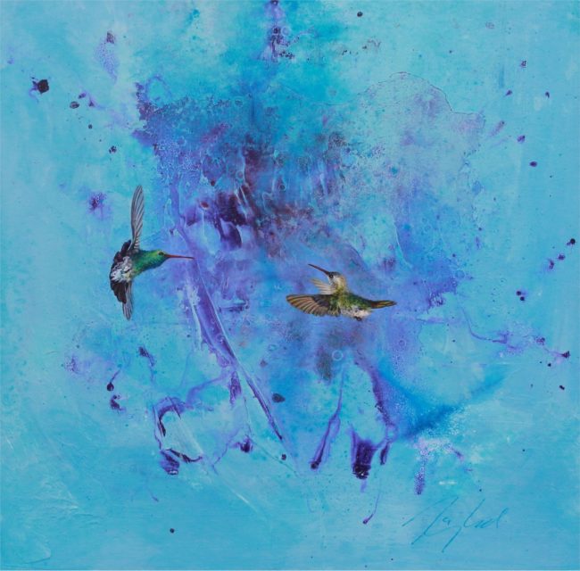 Greg Ragland Painting Blue and Purple with 2 Broadbills Acrylic on Canvas