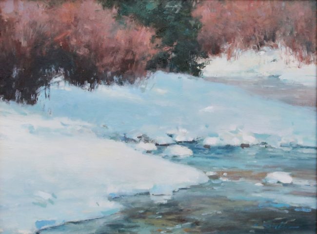 Kate Kiesler Painting Snowy Shallows Oil on Board