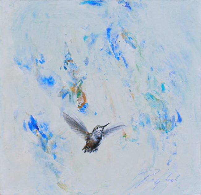 Greg Ragland Painting White and Blue with Female Hummingbird Acrylic on Panel
