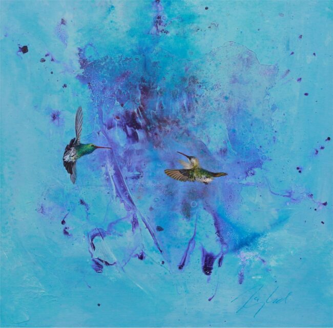 Greg Ragland Painting Blue and Purple with 2 Broadbills Acrylic on Canvas