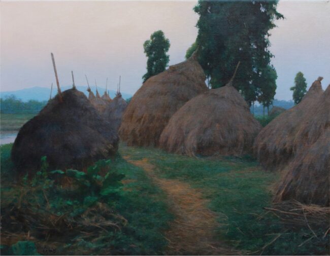 Benjamin Wu Painting Hay Stacks In Twilight Oil on Canvas
