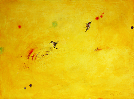 Greg Ragland Painting A Pair of Ruby Throats in Yellow with Many Shapes Acrylic on Canvas