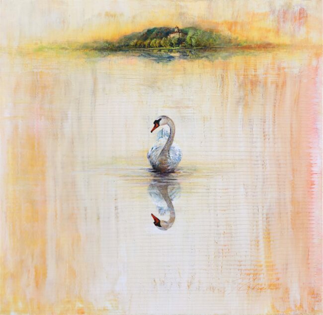Greg Ragland Painting Broadmoor Swan in Cream Acrylic on Canvas