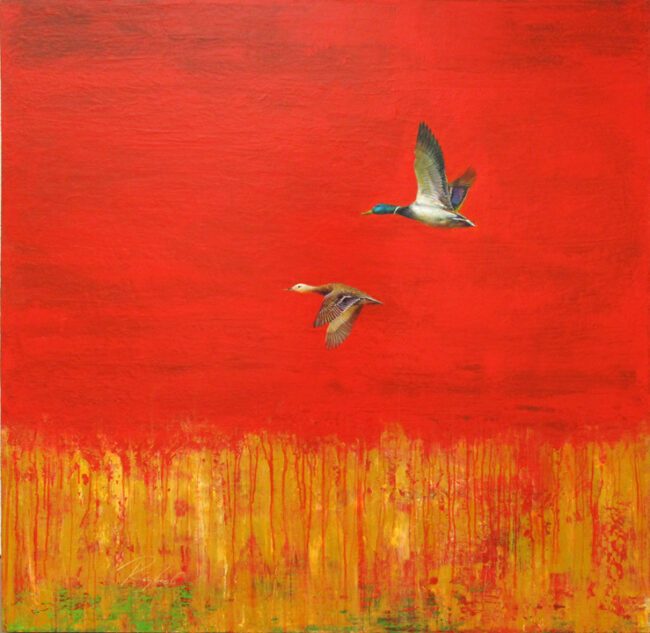 Greg Ragland Painting Mallard's in Red and Tan Acrylic on Canvas