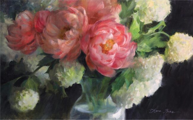 Anna Rose Bain Painting Coral Peonies and Hydrangeas Oil on Linen