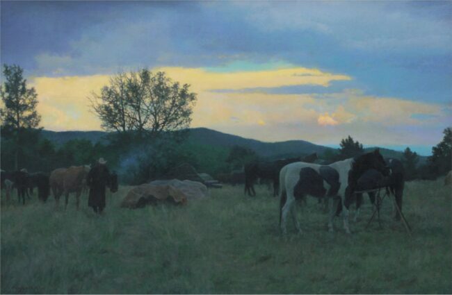 Benjamin Wu Painting Riders Camp at Dusk Oil on Linen