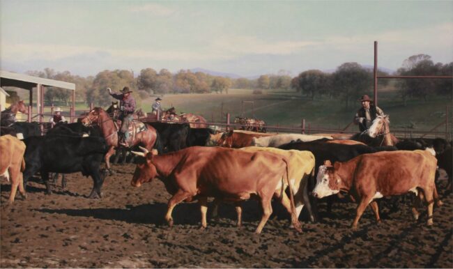 Benjamin Wu Painting Working in a Cattle Corral Oil on Linen