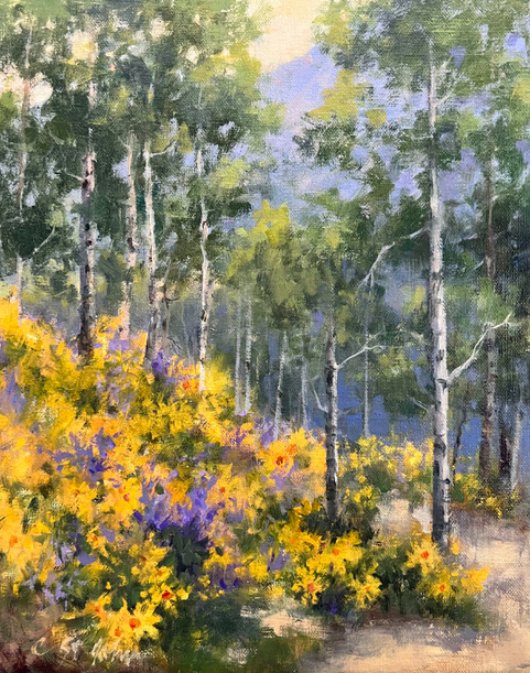 Cheryl St. John Painting Aspens and Wildflowers Oil on Linen Panel