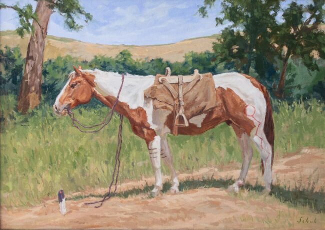 Garrett Schuh Painting Paint Horse and Saddle Oil on Panel