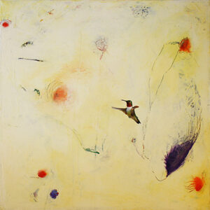 Greg Ragland Painting Broadtail Hummingbird in Cream with Red and Purple Shapes Acrylic on Canvas