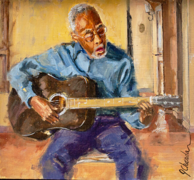 Jacqueline Chanda Painting The Guitarist Oil on Panel