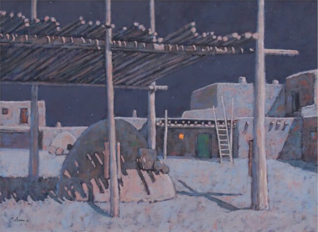 Nathan Solano Painting Moonlight on Taos Pueblo Oil on Canvas