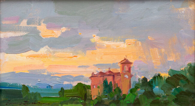 Ovanes Berberian Painting Sunset Over Broadmoor Oil on Panel