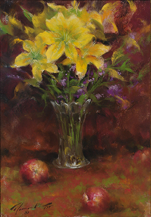 Ramon Kelley Painting Yellow Lilies Pastel under Glass