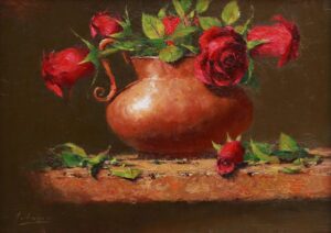 Robert Johnson Painting Roses in a Copper Cup Oil on Linen