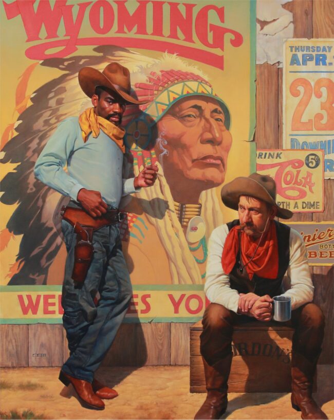 Thomas Blackshear II Painting Cowboys and Indian Oil on Canvas