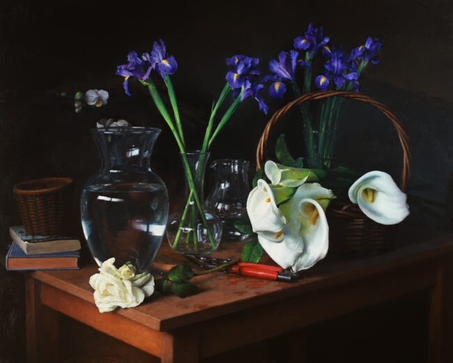 Benjamin Wu Painting Irises and Calla Lily on Table Oil on Canvas