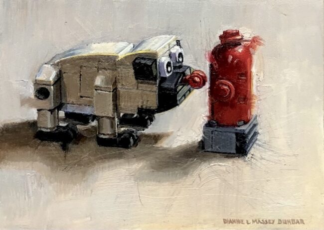 Dianne Massey Dunbar Painting Pug and Fire Hydrant Oil on Board