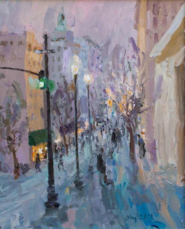 Gregory Packard Painting City Evening Oil on Panel