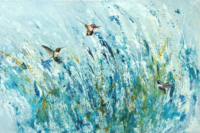 Greg Ragland Painting 3 Hummingbirds in Blue Commission Acrylic on Canvas