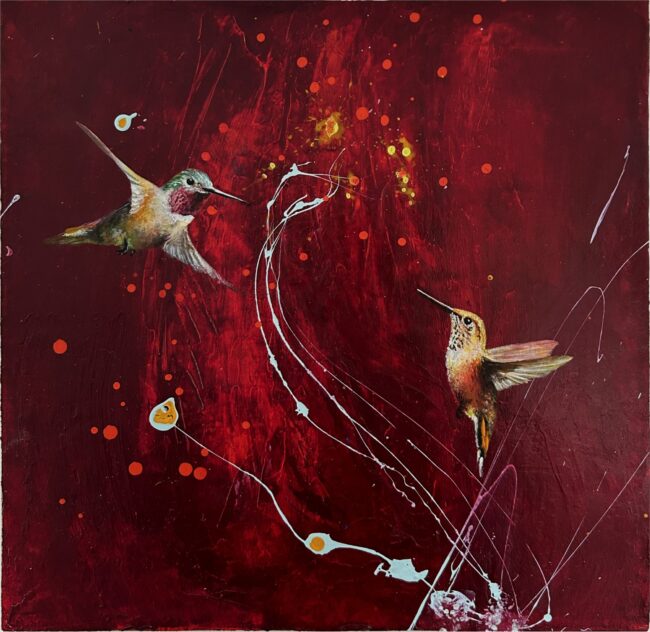 Greg Ragland Painting Two Hummingbirds in Red With Yellow Acrylic on Panel