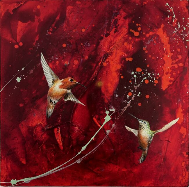 Greg Ragland Painting Two Hummingbirds in Red and Mint Green Acrylic on Panel