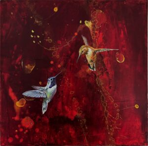 Greg Ragland Painting Two Hummingbirds in Red and Orange Acrylic on Panel