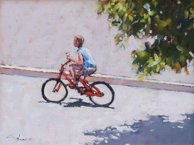 Nathan Solano Painting Boy and His Bike Oil on Board