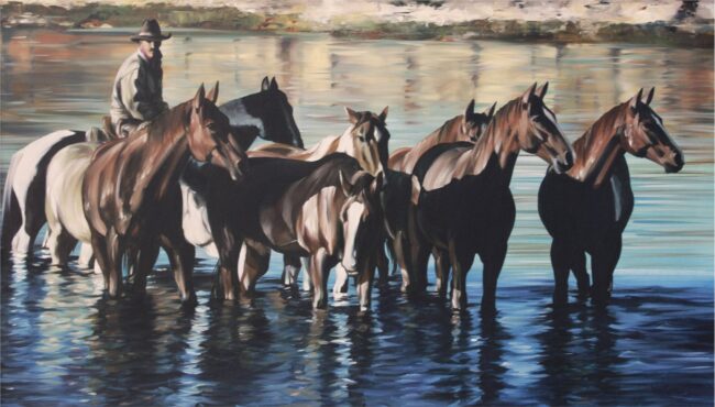 Paul Van Ginkel Estate Painting Cowboy and Horses Oil on Canvas