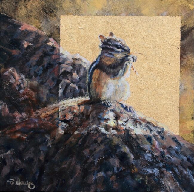 Sarah Woods Painting In the Spotlight (Chipmunk) Oil and Gold Leaf