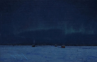 Ben Bauer Painting Ice Fishing and Northern Lights Oil on Board