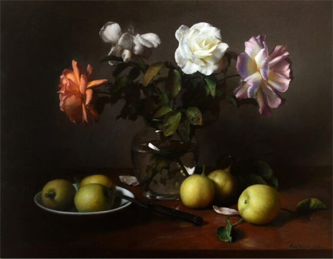 Benjamin Wu Painting Roses and Pears Oil on Canvas
