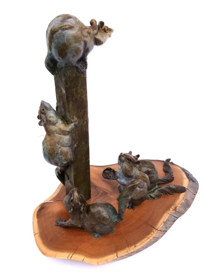 Dan Chen Sculpture Chipmunk Plays Bronze on Wood Base