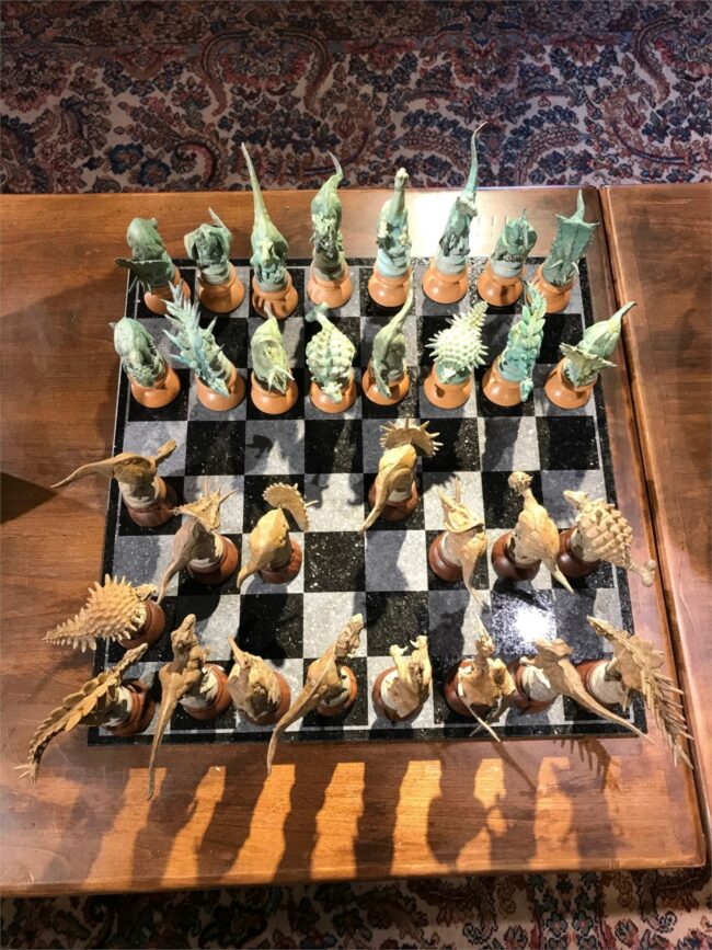 Dan Chen Sculpture Dino Chess Set Bronze