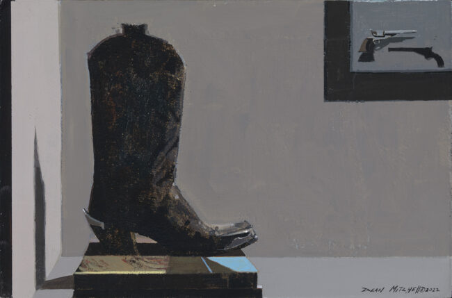Dean Mitchell Painting Black Boot Acrylic and Cheesecloth on Board