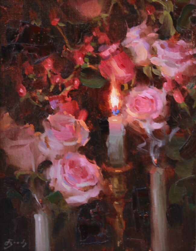 Jared Brady Painting Roses with Candle Oil on Linen