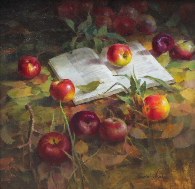 Jie Wei Zhou Painting Apples and A Book Oil on Linen
