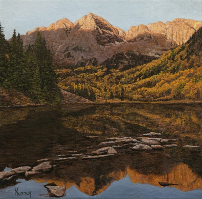 Karla Murray Painting Maroon Bells at Sunset Oil on Board
