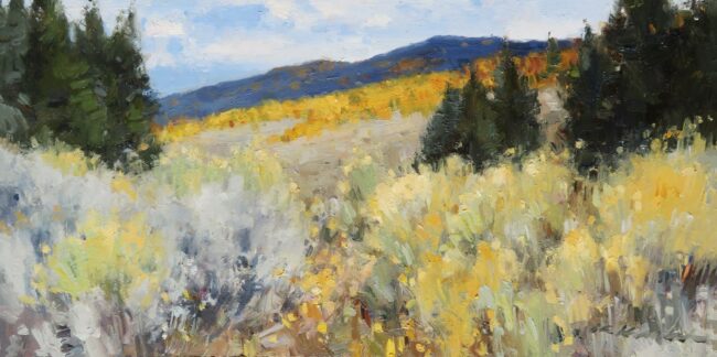 Kate Kiesler Painting Gold in the Hills Oil on Board