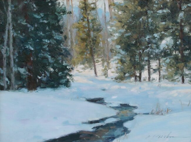 Kate Kiesler Painting Snow Covered Creek Oil on Board