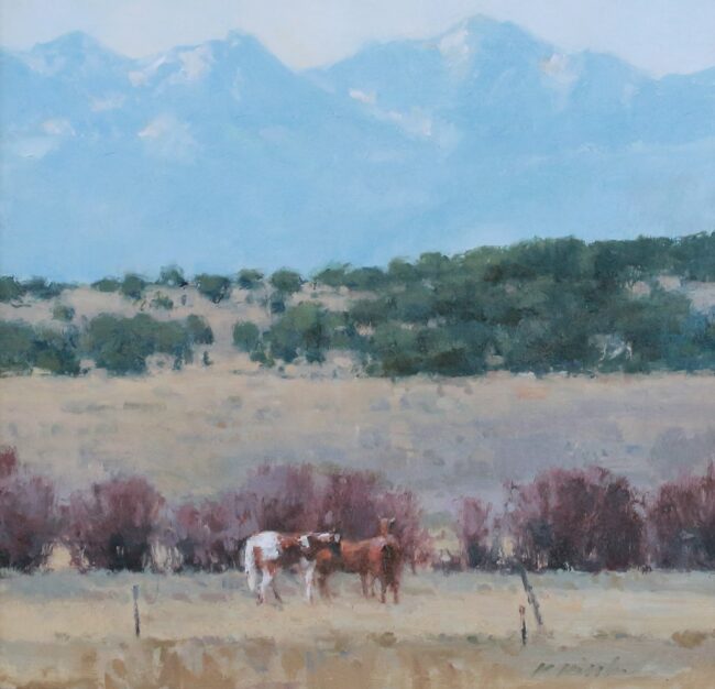 Kate Kiesler Painting Striated Landscape With Horses Oil on Board