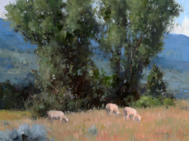Kate Kiesler Painting Summer Hillside With Sheep Oil on Board