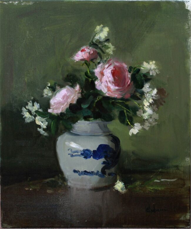 Nancy Chaboun Painting Roses in Chinese Jar Oil on Board