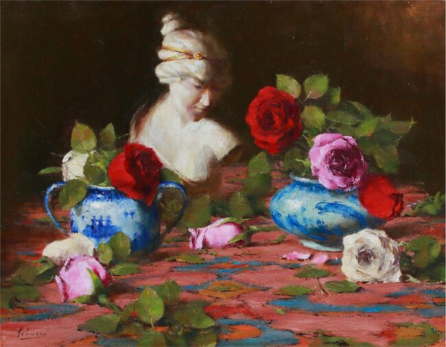 Robert Johnson Painting Contemplating Roses Oil on Linen
