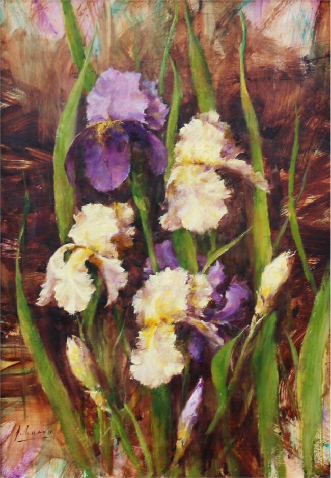 Robert Johnson Painting Irises in Spring Oil on Linen