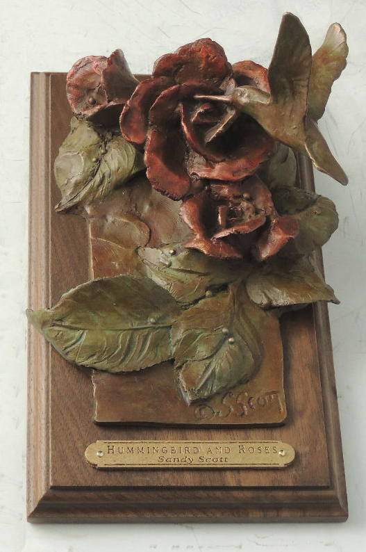 Sandy Scott Sculpture Hummingbird and Roses Bronze
