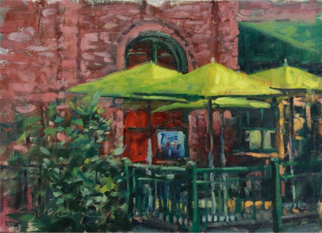 Susie Hyer  Green Patio Umbrellas Oil on Panel