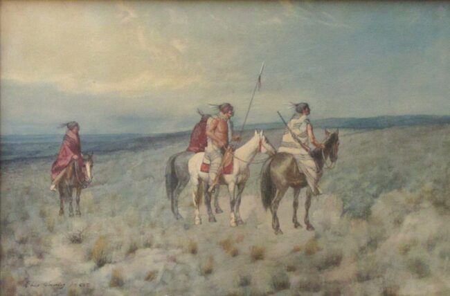Charles Craig Painting Four Indians on Horseback Watercolor