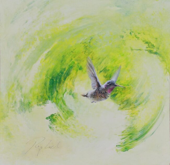 Greg Ragland Painting Green Swirl with Female Hummingbird Acrylic on Panel