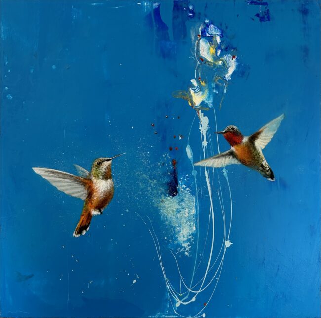 Greg Ragland Painting Two Hummingbirds in Blue and White Acrylic on Panel